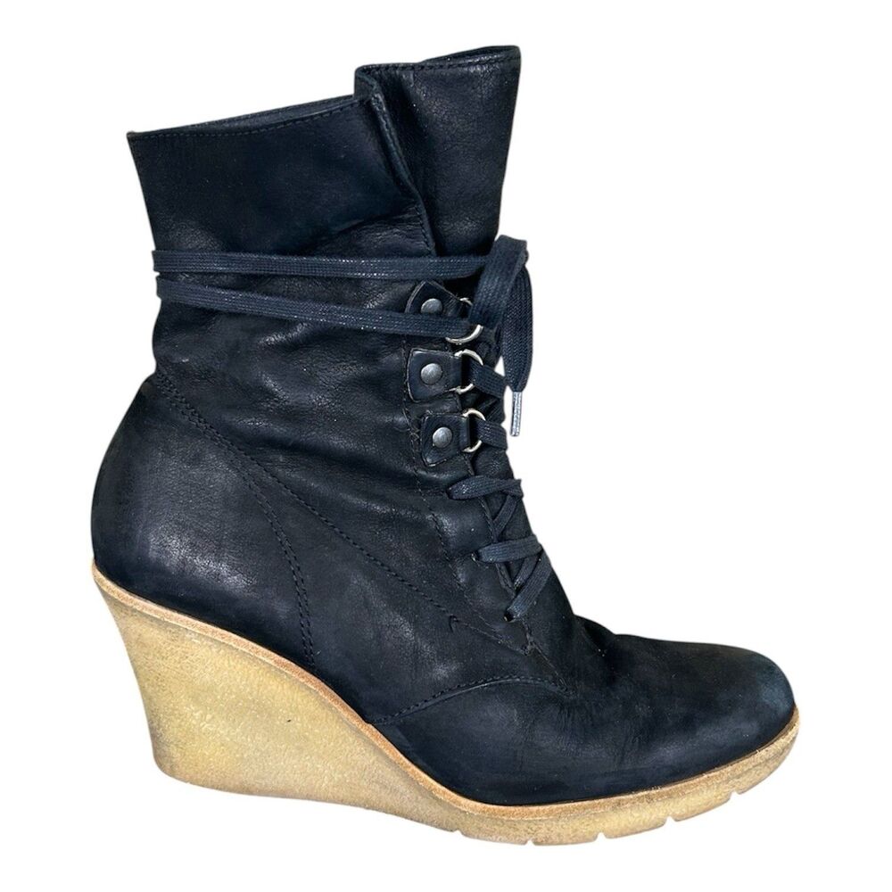 Paul Green Black Leather Lace Up Wedge Boots Booties Gummy Sole Size 6-6.5 US
